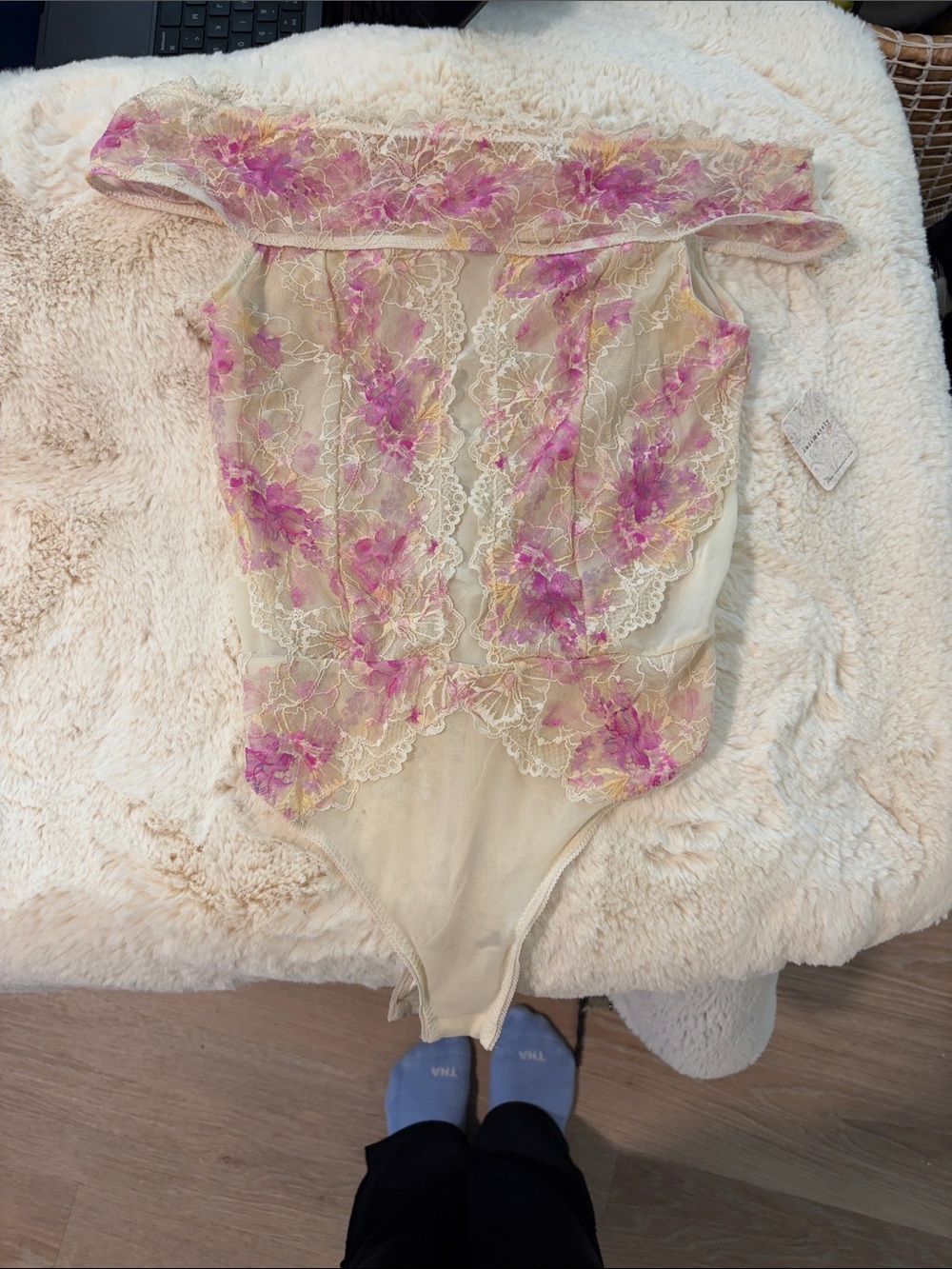 C Sheer Lace Bodysuit in Cream and Pink Floral
